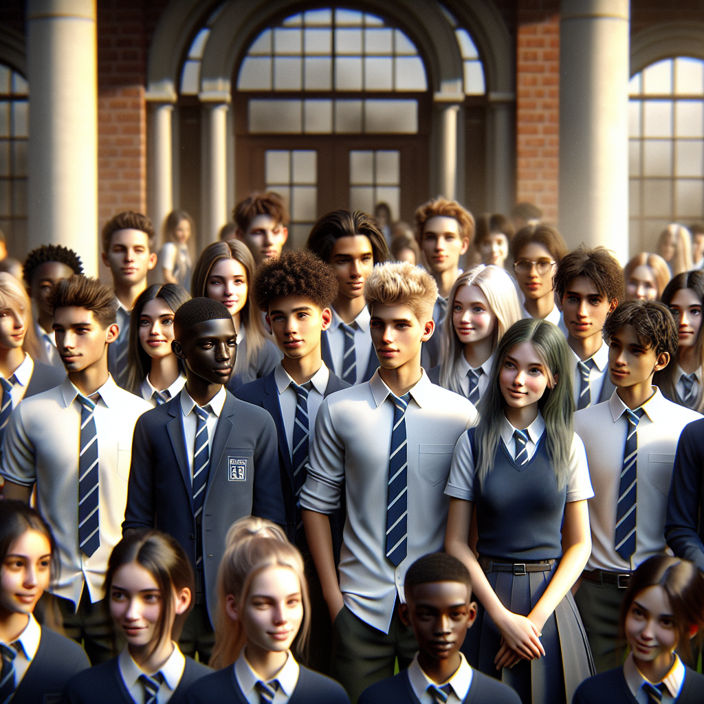 Group of junior college students in stylish uniforms in front of a school building.