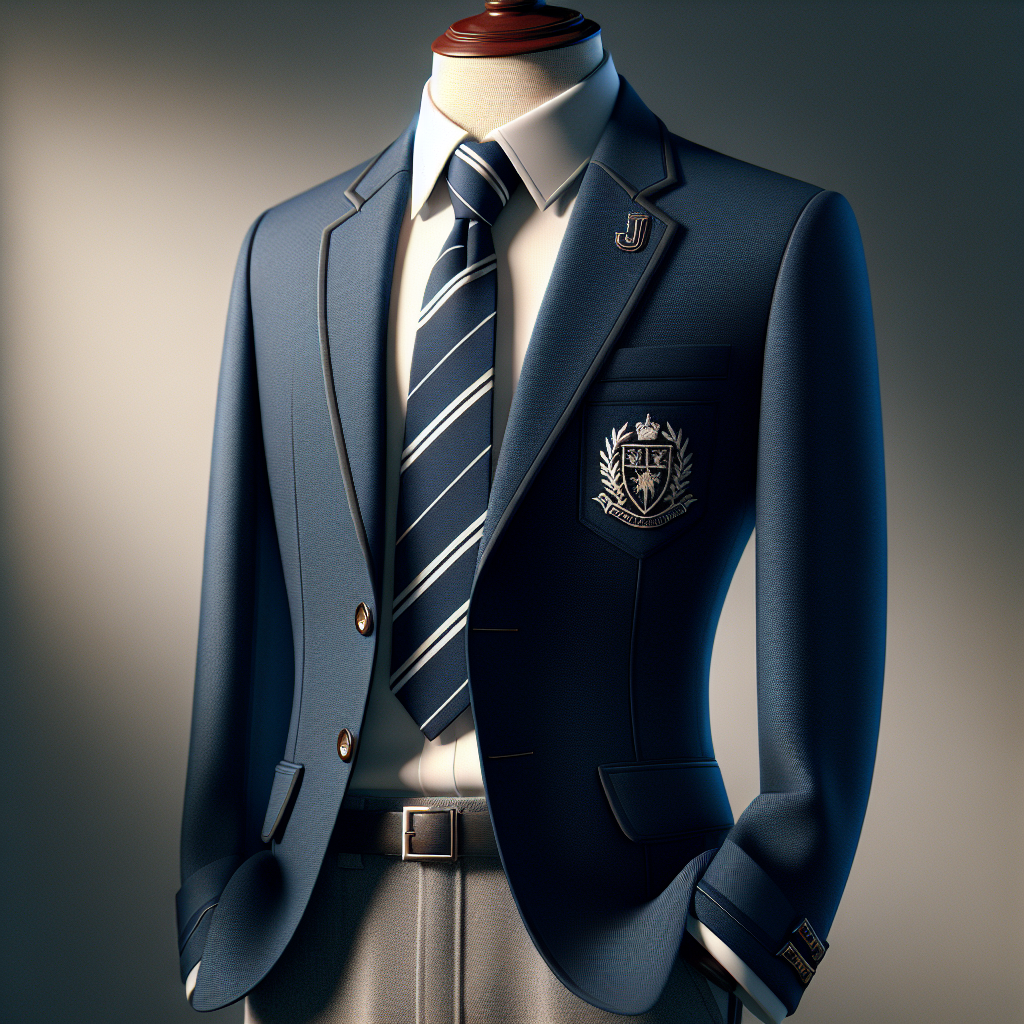 A realistic image of a Junior College uniform on a mannequin, showcasing a navy blue blazer with an emblem, a white shirt, a striped tie, and grey trousers.