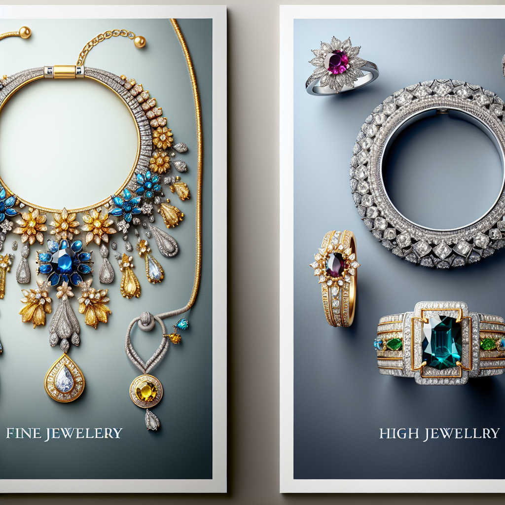 A realistic depiction contrasting fine jewellery with high jewellery, showing elegant gold and silver pieces alongside opulent platinum pieces adorned with rare gemstones.