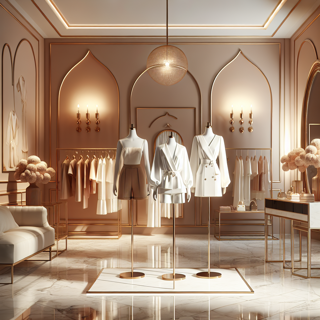 Interior of a modern fashion boutique displaying contemporary and classic clothing.