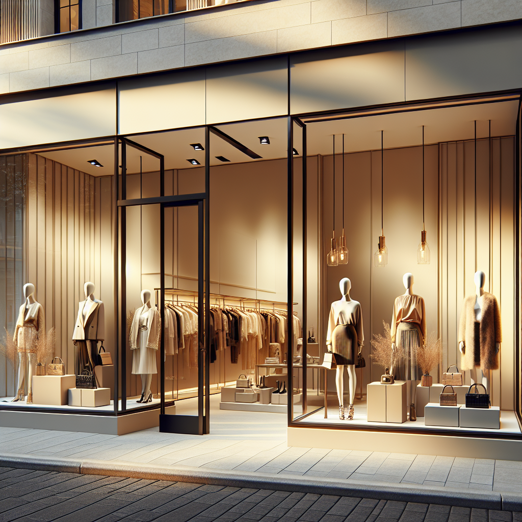 Realistic boutique storefront showcasing modern and timeless fashion in a minimalist design.