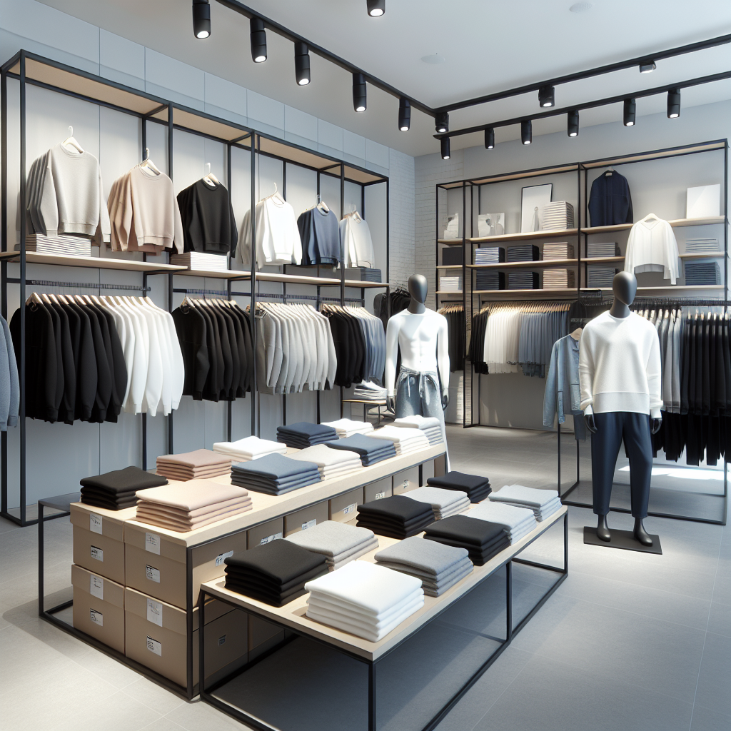 A modern Uniqlo store interior with neatly arranged clothes and mannequins in stylish outfits.