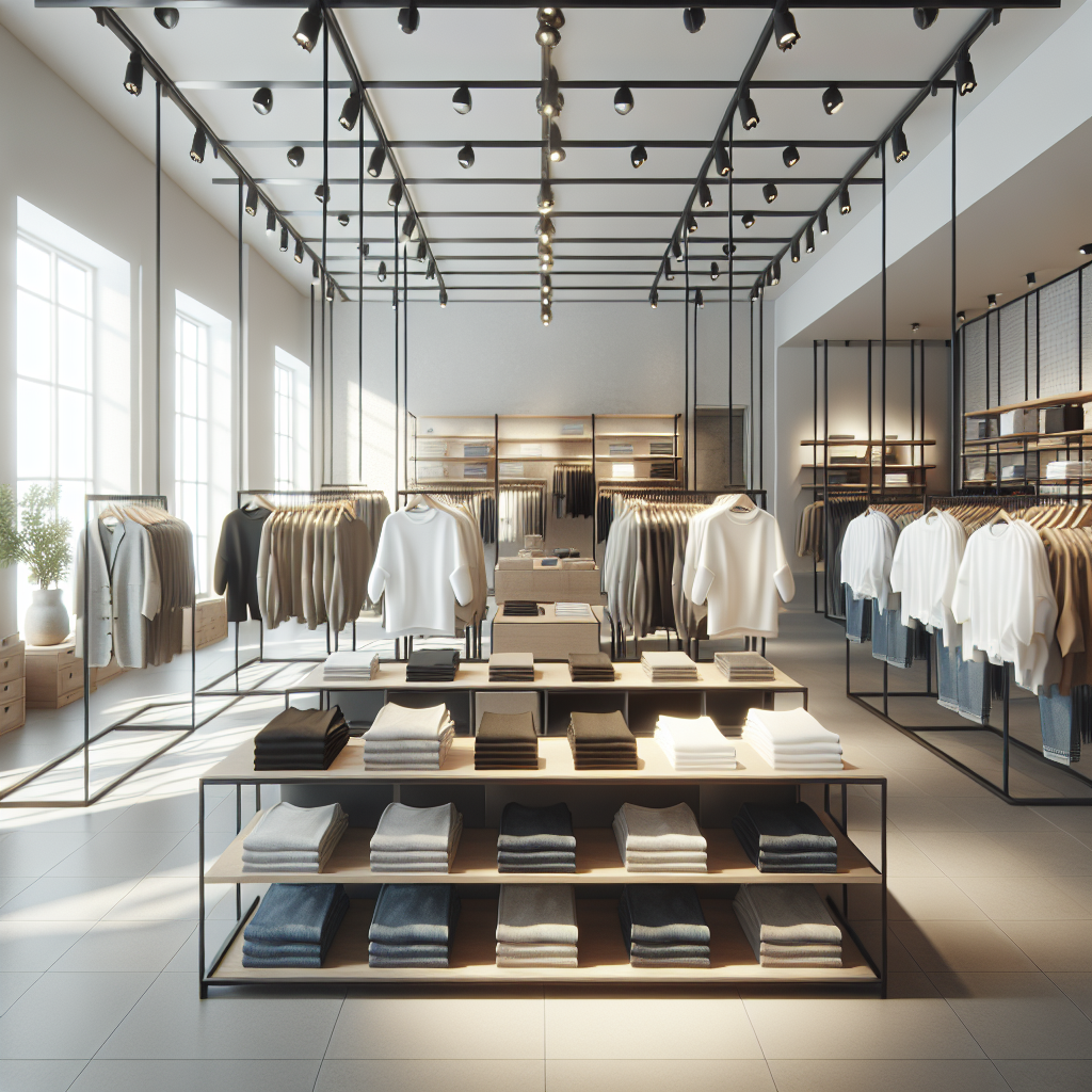 Un magasin de détail moderne et minimaliste représentant le style d'Uniqlo avec des portants à vêtements bien organisés et un éclairage naturel.