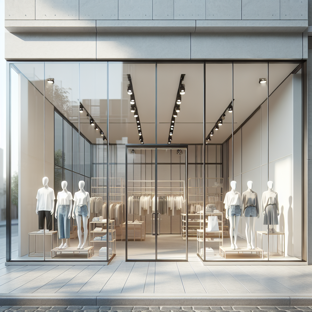 Une façade de magasin Uniqlo moderne présentant un design minimaliste et des articles de vêtements soigneusement disposés.