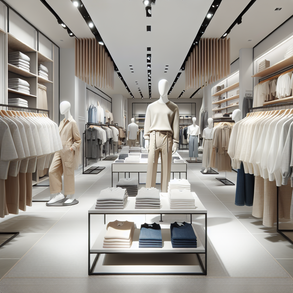 Interior of a well-organized Uniqlo store with mannequins and clothing displays.