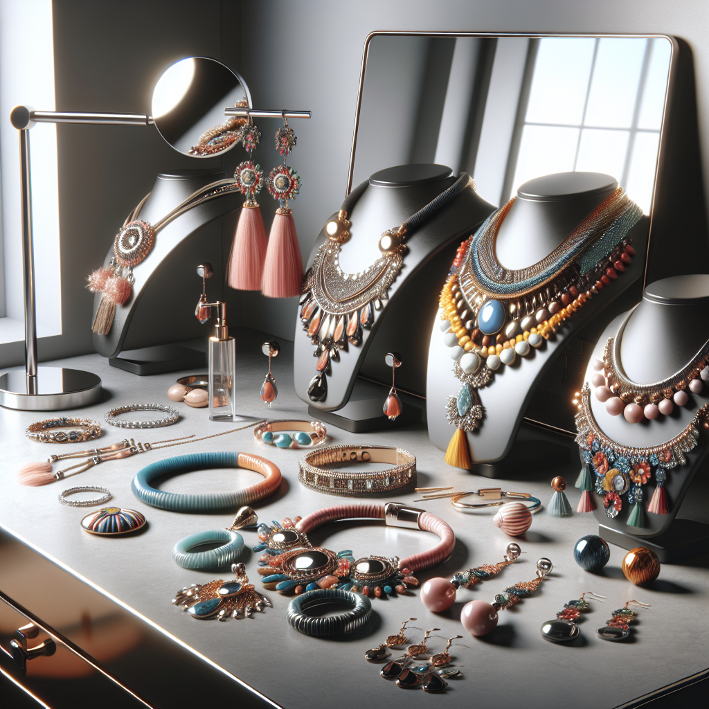 Un assortiment de bijoux fantaisie disposés sur une coiffeuse moderne.