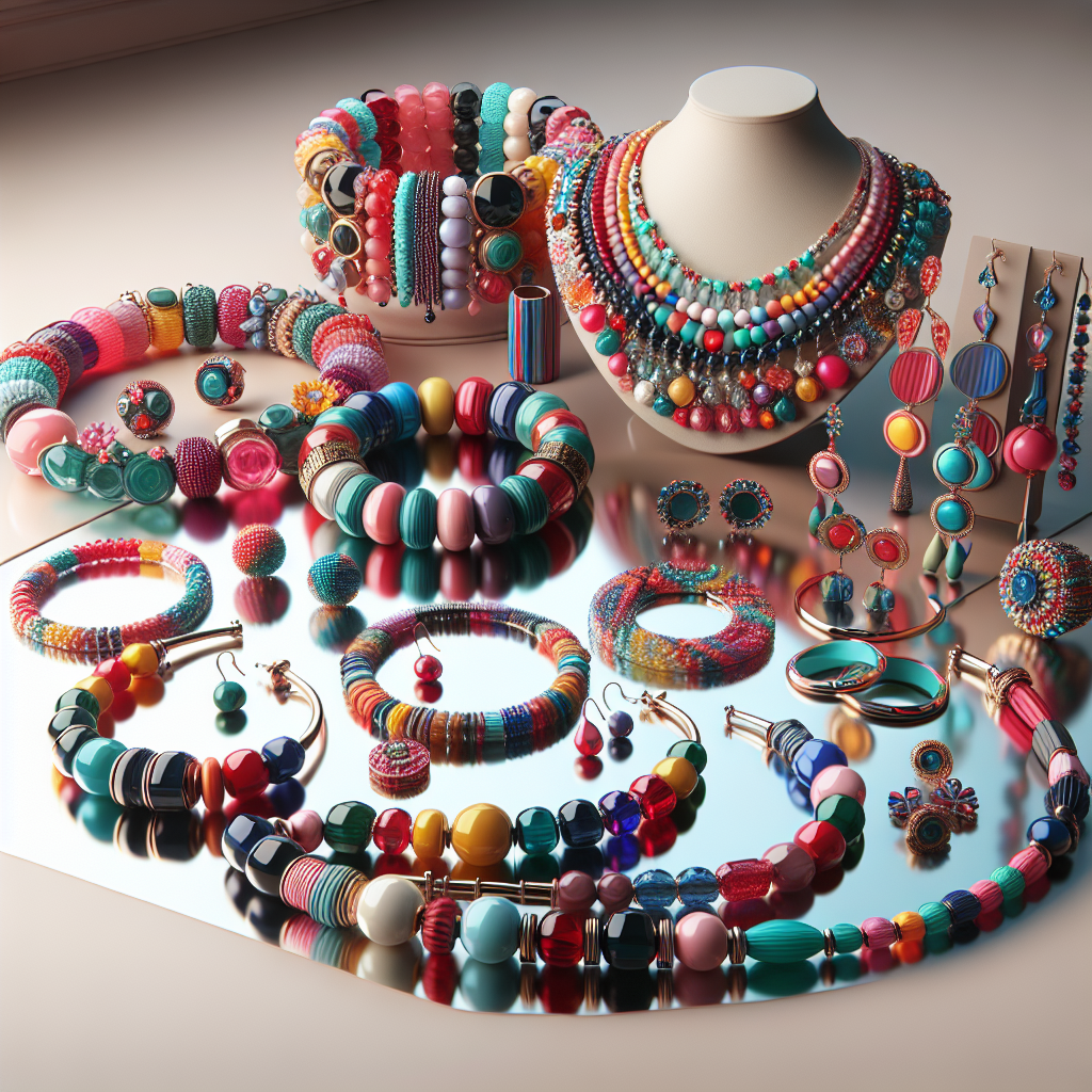 An array of vibrant fashion jewelry pieces arranged on a reflective surface.