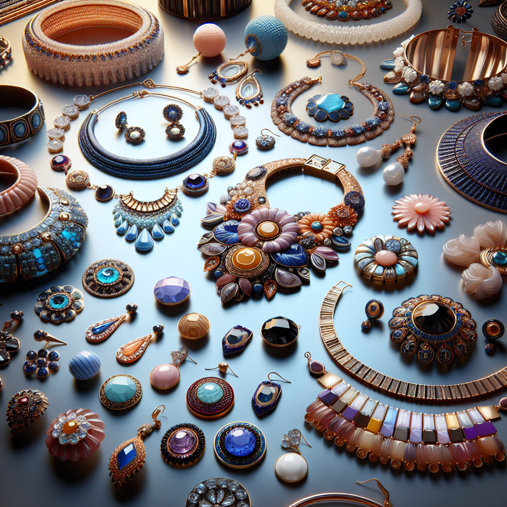 A realistic close-up of various stylish fashion jewelry pieces including necklaces, earrings, and bracelets made from glass, plastic, and base metals.