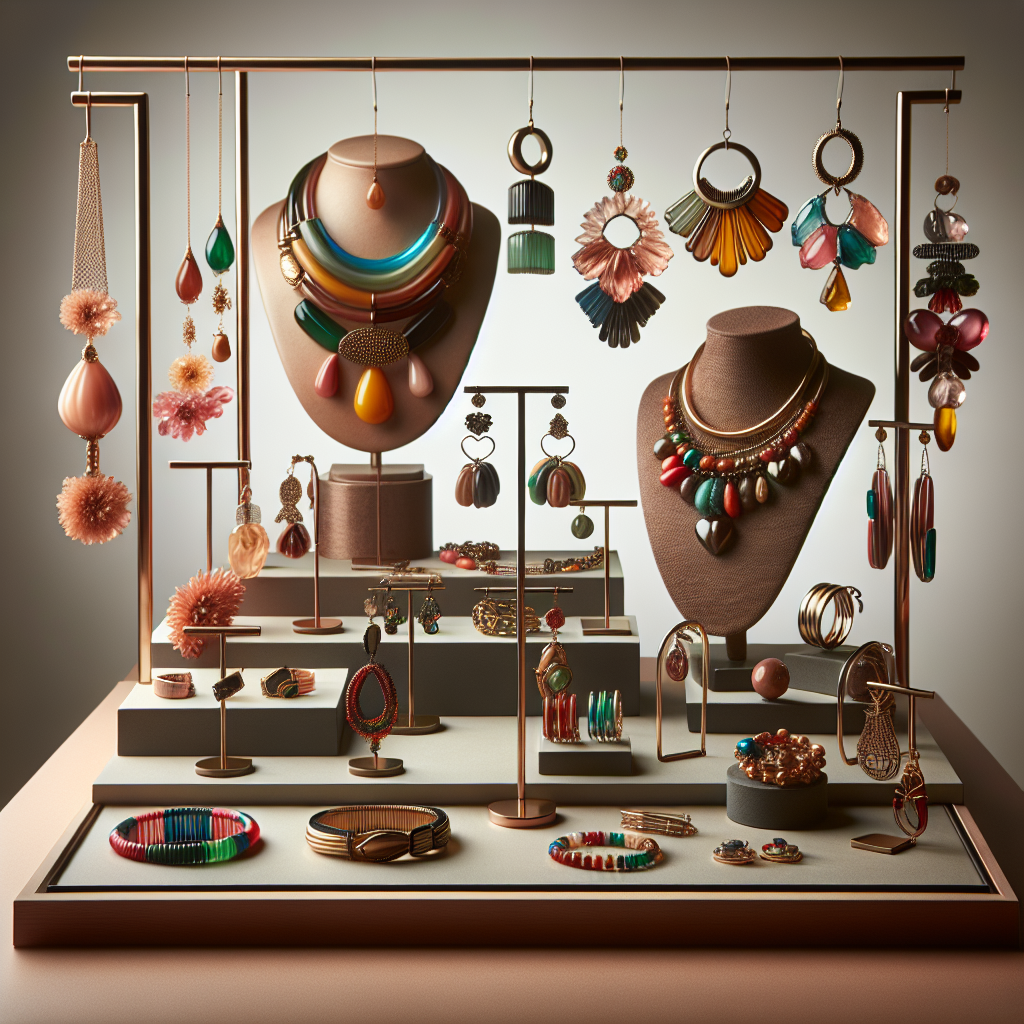 A realistic display of various fashion jewelry pieces showcasing necklaces, earrings, and bracelets made from different materials.