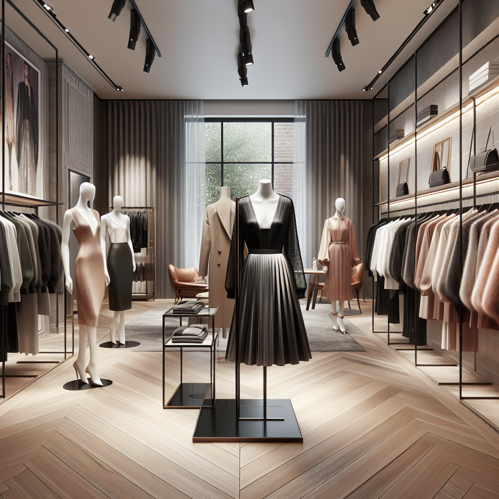 A realistic image of a modern fashion boutique interior showcasing JL Heart clothing collection.