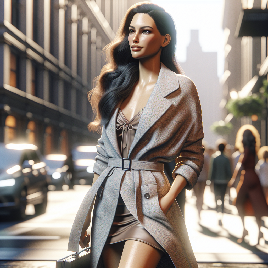 A fashionable woman in a chic outfit from JL Heart walking down an urban street during the golden hour.