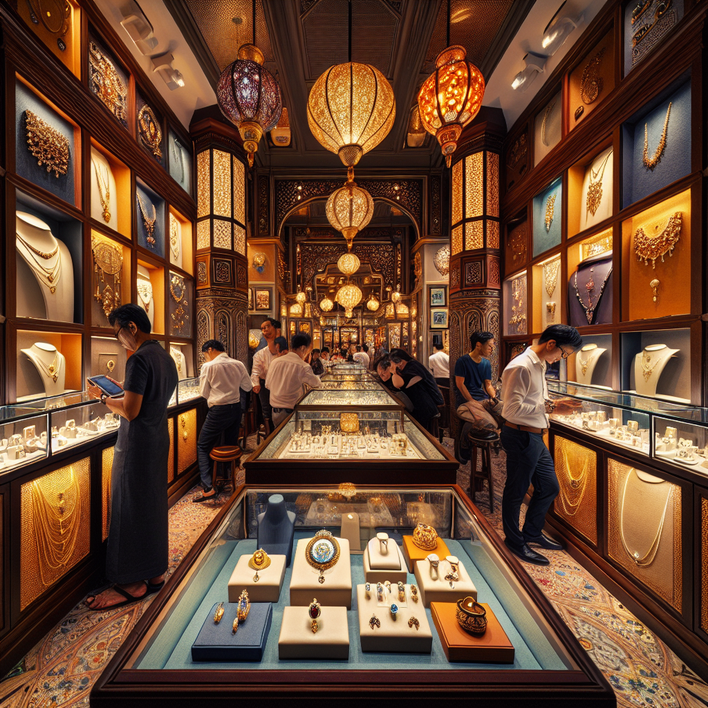 A realistic image of a jewelry shop in Dhoby Ghaut, Singapore, showcasing various elegant pieces and a bustling atmosphere.