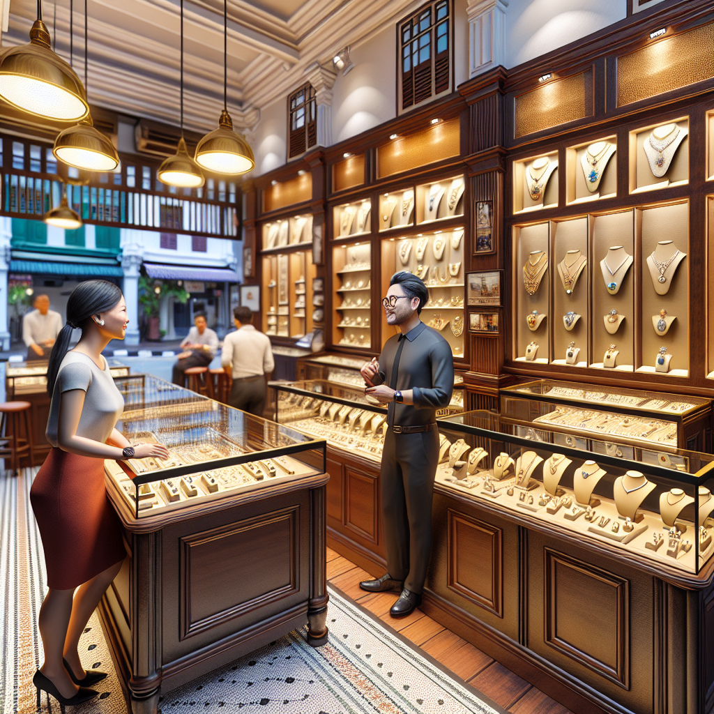 A realistic image of a jewelry shop in Dhoby Ghaut, Singapore, displaying various elegant jewelry pieces with warm lighting and featuring a staff member assisting a customer.