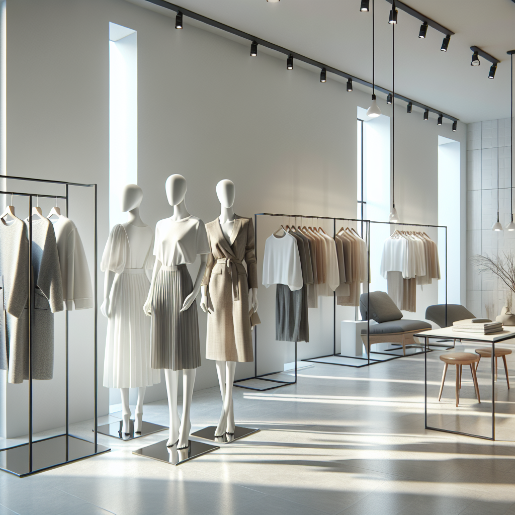 A minimalist fashion boutique with mannequins dressed in neutral colored chic dresses and outerwear, representing Beyond The Vines brand.