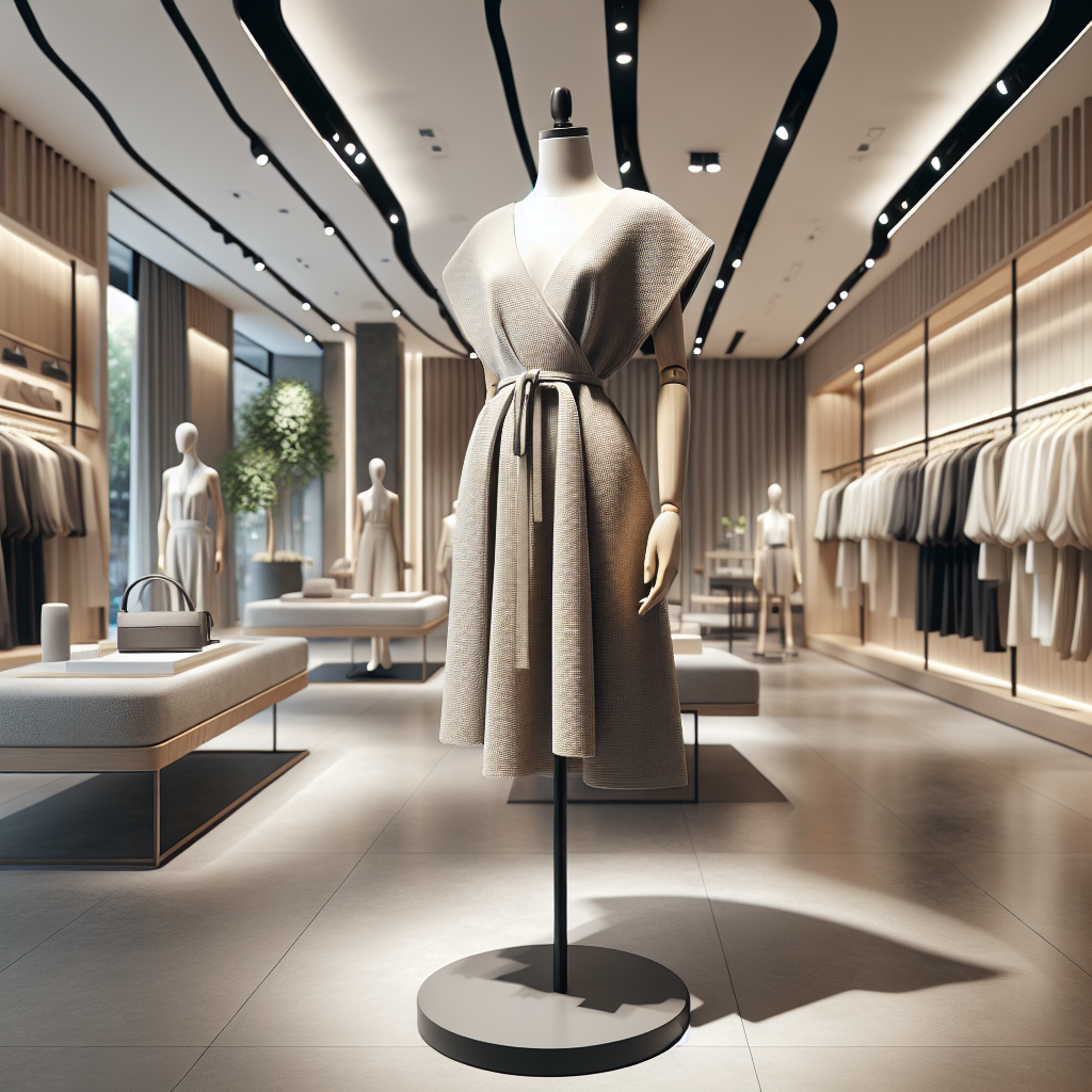 Boutique moderne avec une robe au design minimaliste exposée, reflétant la mode contemporaine.