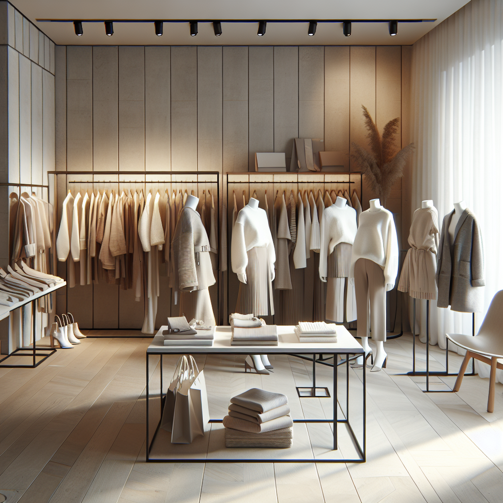 Realistic image of Beyond The Vines clothing displayed in a modern boutique.