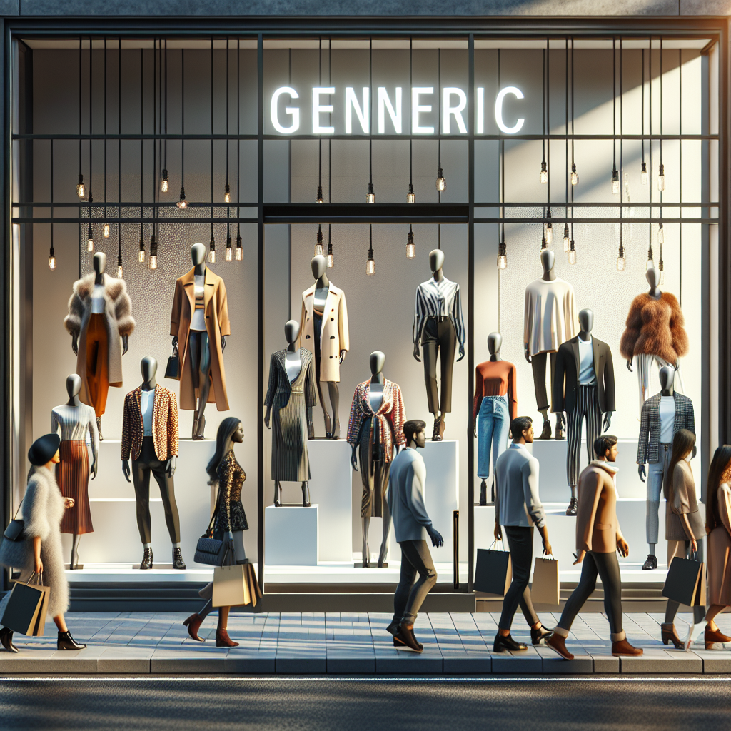 Une vitrine Uniqlo réaliste avec des mannequins vêtus de vêtements élégants, mettant en valeur le design innovant et intemporel de la marque.