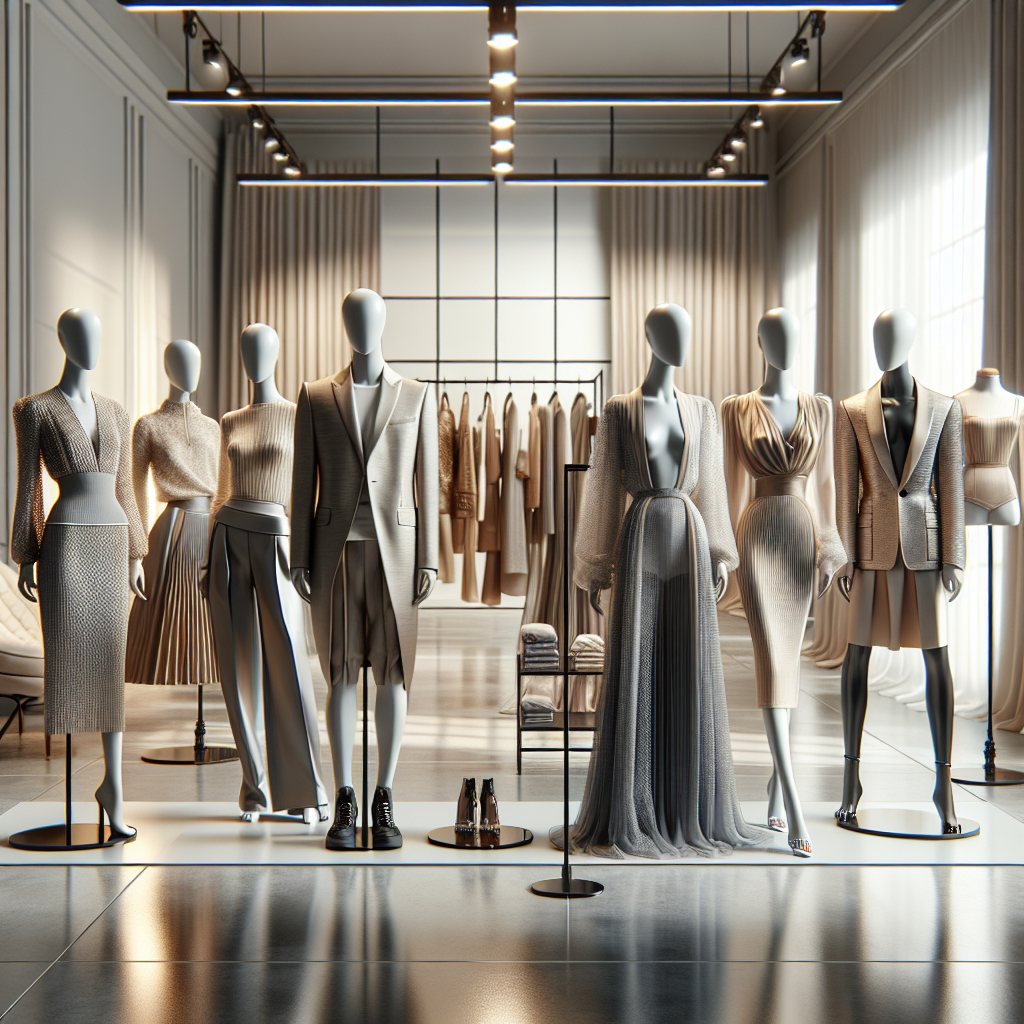 A realistic image of a modern fashion studio showcasing JL Heart's latest apparel collection.