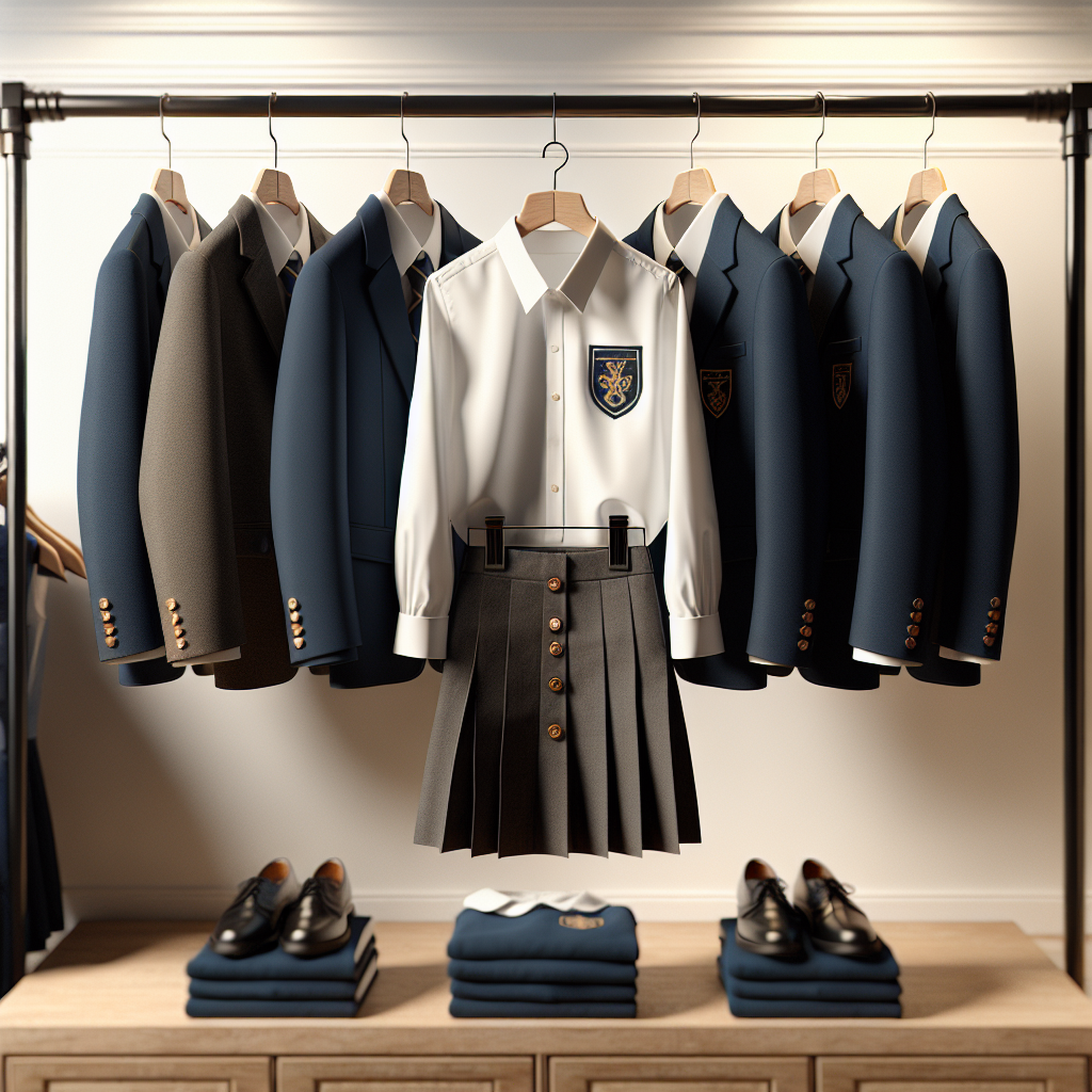 Realistic image of Junior College uniforms including a shirt, trousers, skirt, and blazer displayed on hangers.