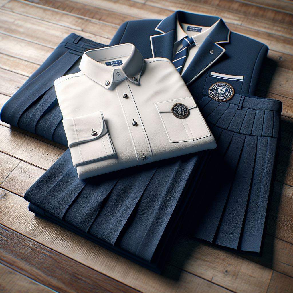 A realistic depiction of Junior College (JC) uniforms on a wooden surface consisting of a shirt, trousers, skirt, and blazer.