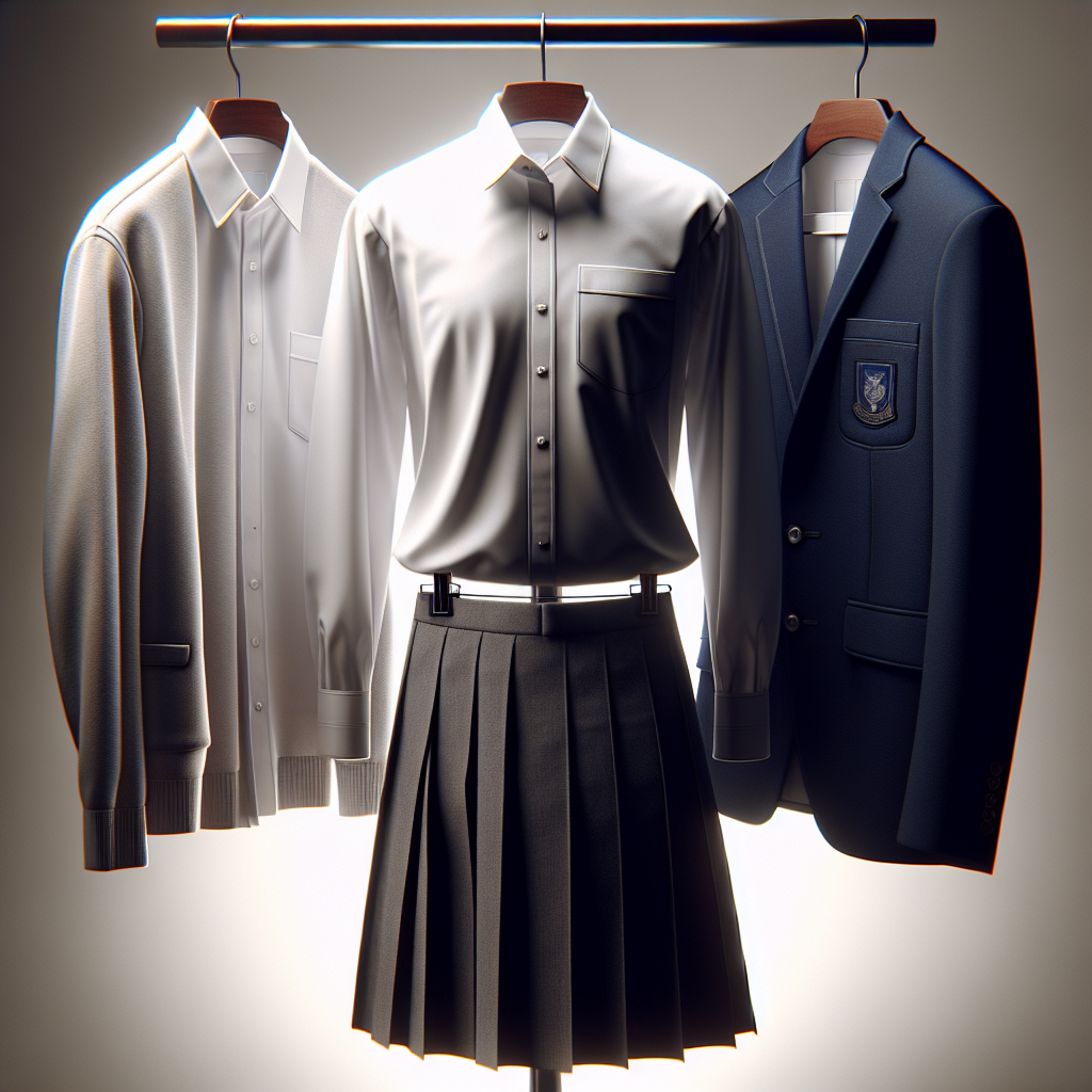 Trois uniformes du Junior College soigneusement exposés, comprenant une chemise, un pantalon, une jupe et un blazer.