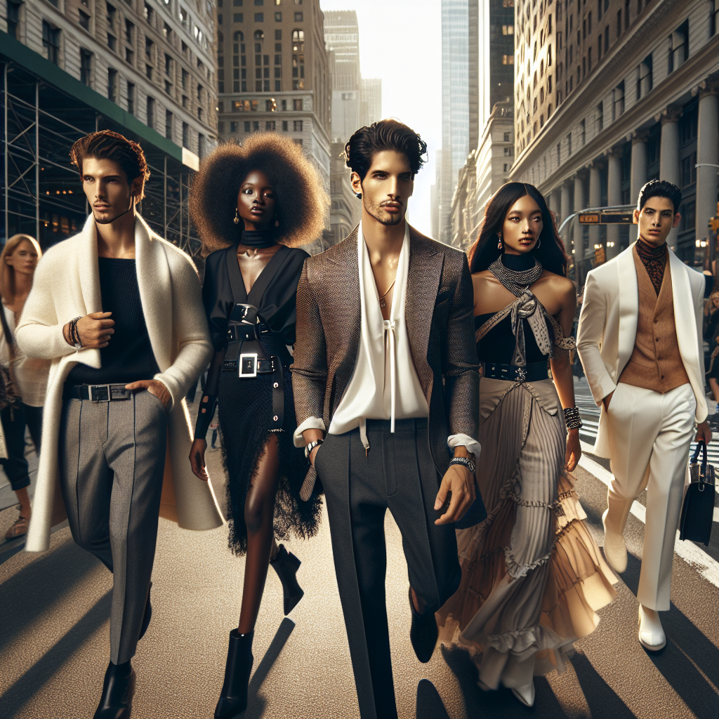 Stylish individuals showcasing contemporary fashion in a vibrant cityscape.