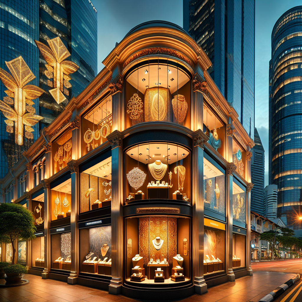 Jewelry shops in Dhoby Ghaut, Singapore, displaying exquisite gold necklaces and diamond rings.