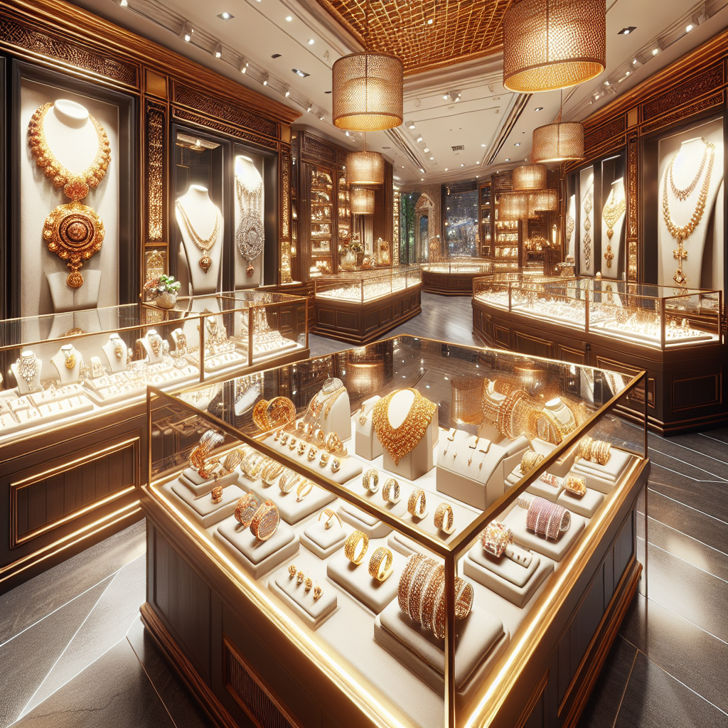 Realistic image of Dhoby Ghaut jewelry shops in Singapore, showcasing intricate jewelry pieces and a cozy, elegant atmosphere.