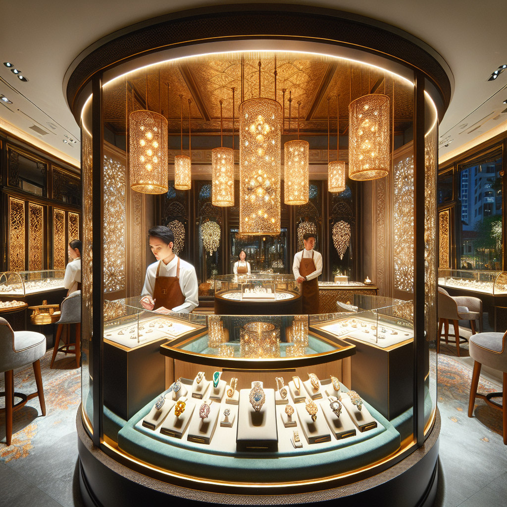 Realistic image of jewelry shops in Dhoby Ghaut, Singapore, showcasing exquisite jewelry pieces and warm, ambient lighting.