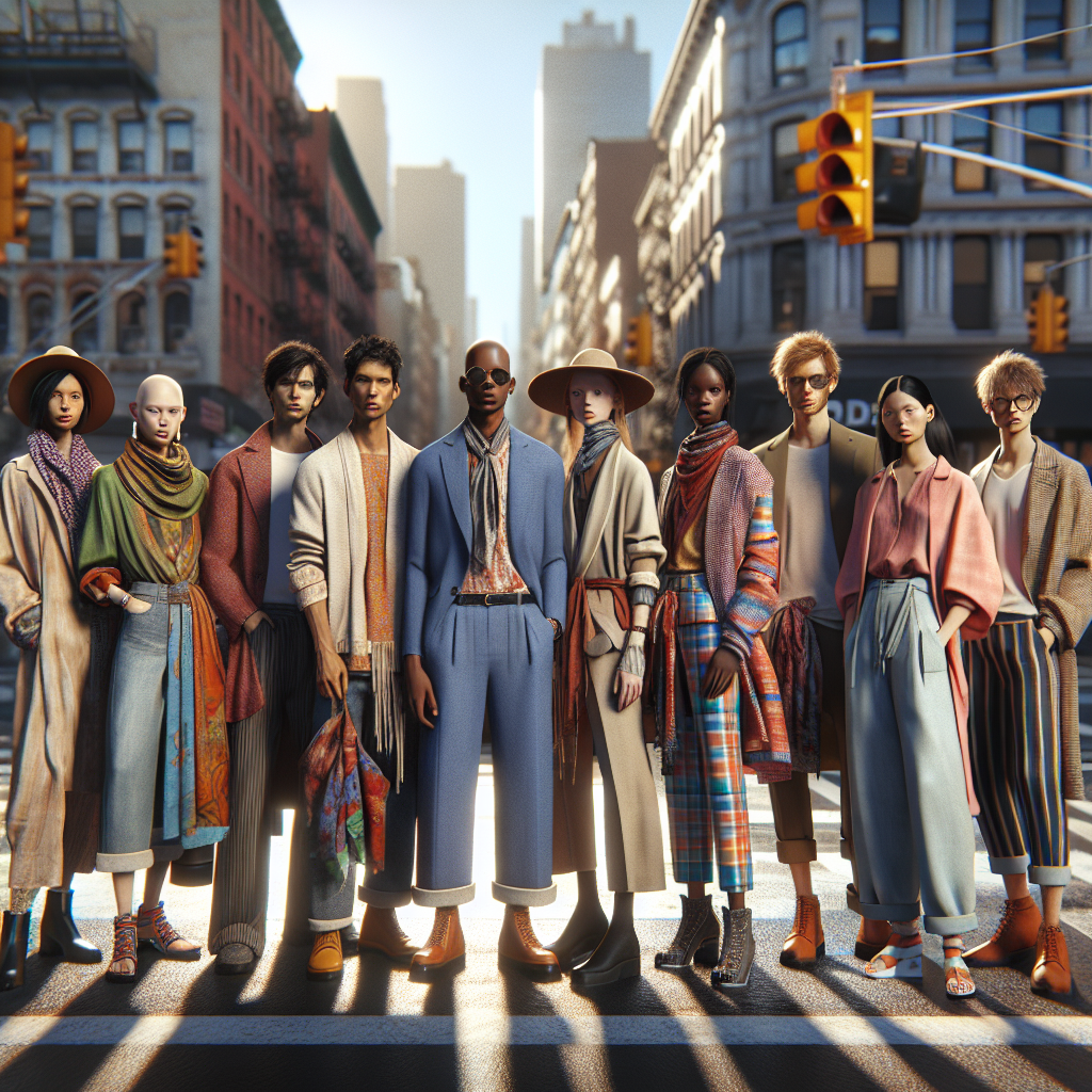 A group of fashion-forward individuals showcasing various trendy clothing styles on a city street during fashion week.