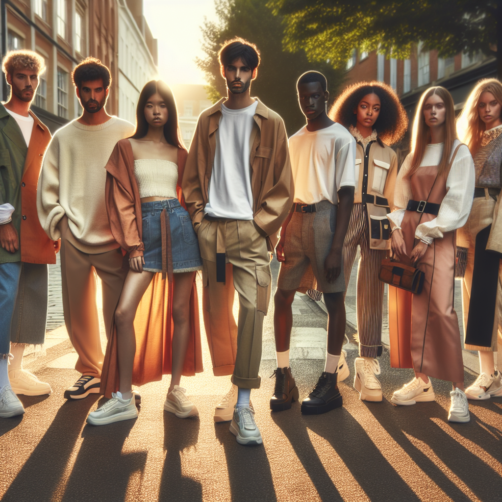 Un groupe de jeunes adultes affichant une mode de rue moderne et tendance dans une rue urbaine pendant l'heure dorée.