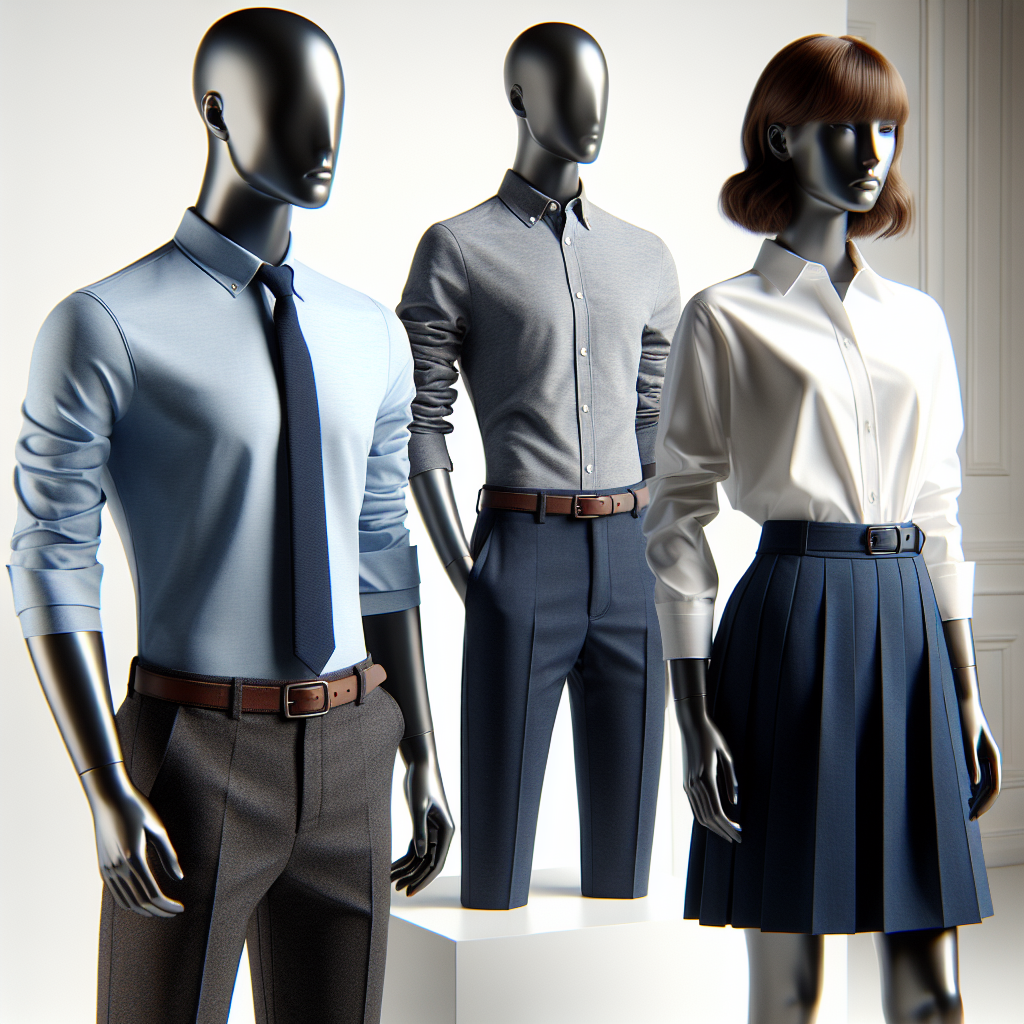 Mannequins habillés d'uniformes JC élégants et confortables : un uniforme masculin sur mesure élégant et un uniforme féminin décontracté et moderne dans un décor de studio blanc.