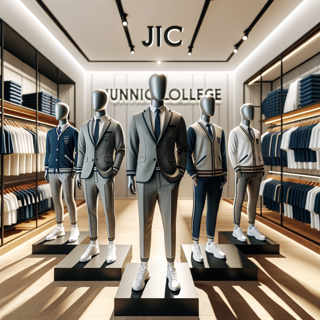 Realistic image of JC uniforms on mannequins in a modern showroom.