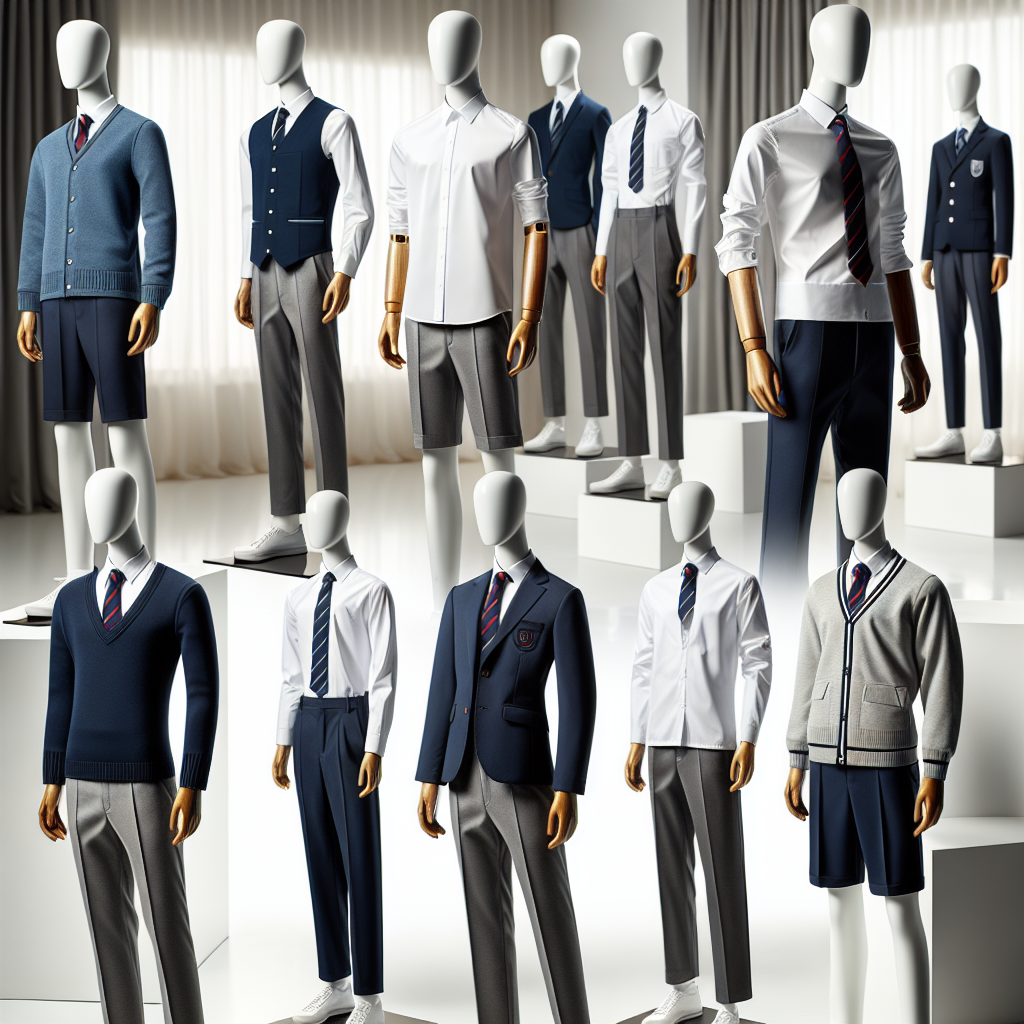 Realistic image of JC uniforms displayed on mannequins with different styles and high-quality materials.