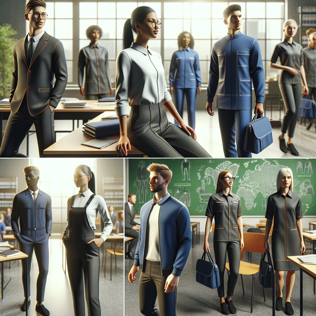 Diverse individuals wearing stylish and comfortable JC uniforms in different settings like a classroom, office, and outdoor space.