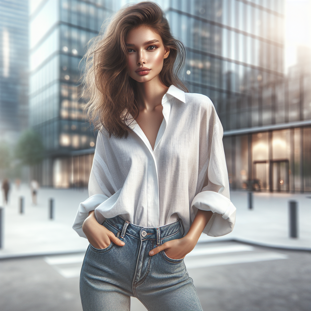 Stylish woman wearing an oversized shirt in an urban setting.