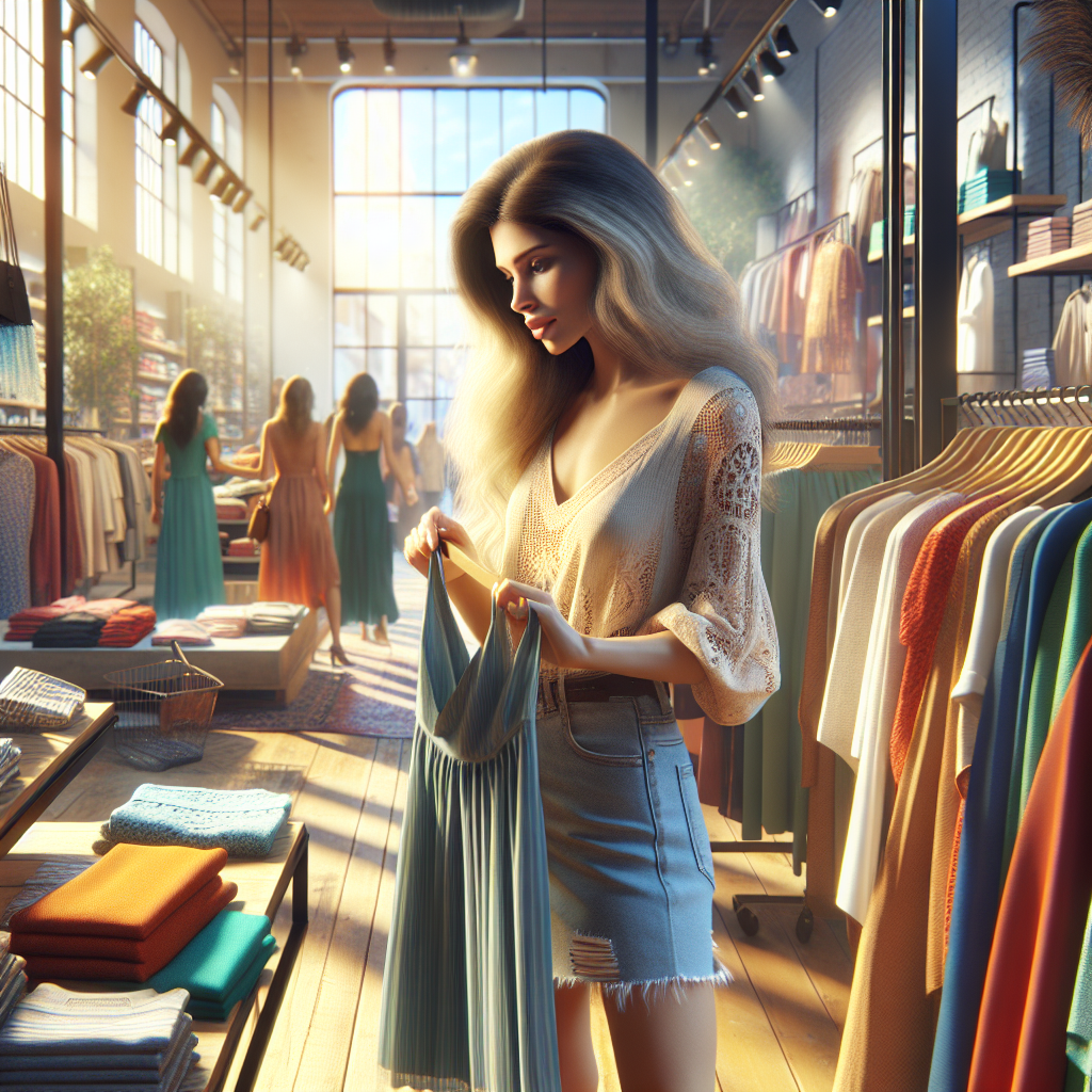 A young woman shopping in a trendy, budget-friendly clothing store.