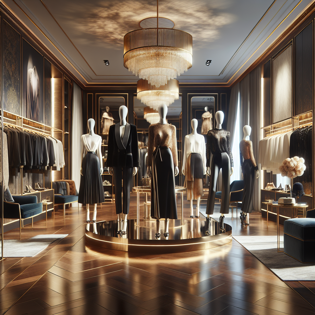 A chic boutique showcasing a high-fashion clothing collection on elegant mannequins.