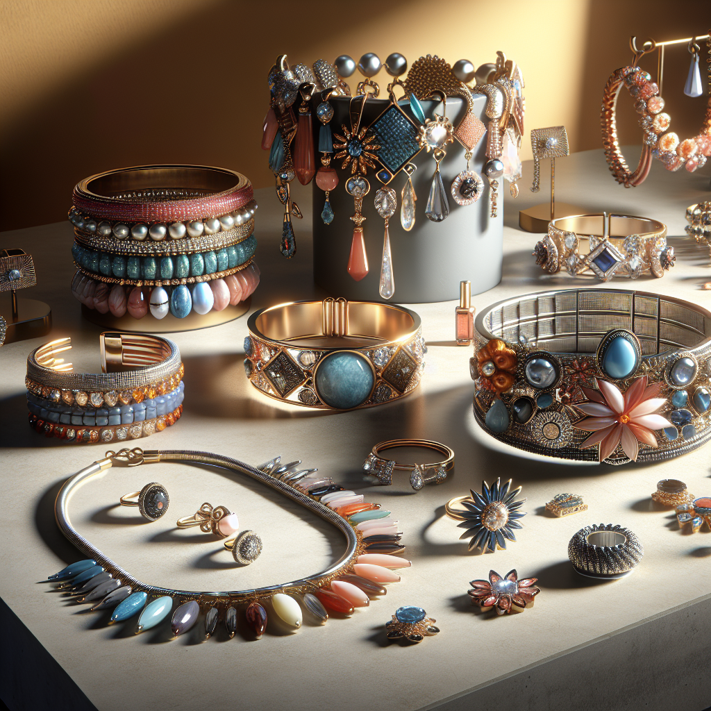 A close-up of various fashion jewelry pieces, including bracelets, necklaces, rings, and earrings, displayed on a table with intricate and bold designs.