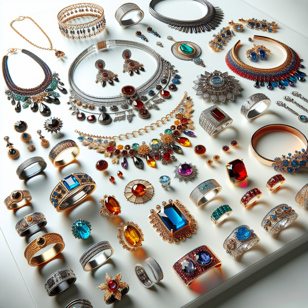 A collection of fashion jewelry including necklaces, bracelets, earrings, and rings made from base metals, glass, and synthetic stones displayed on a white surface.