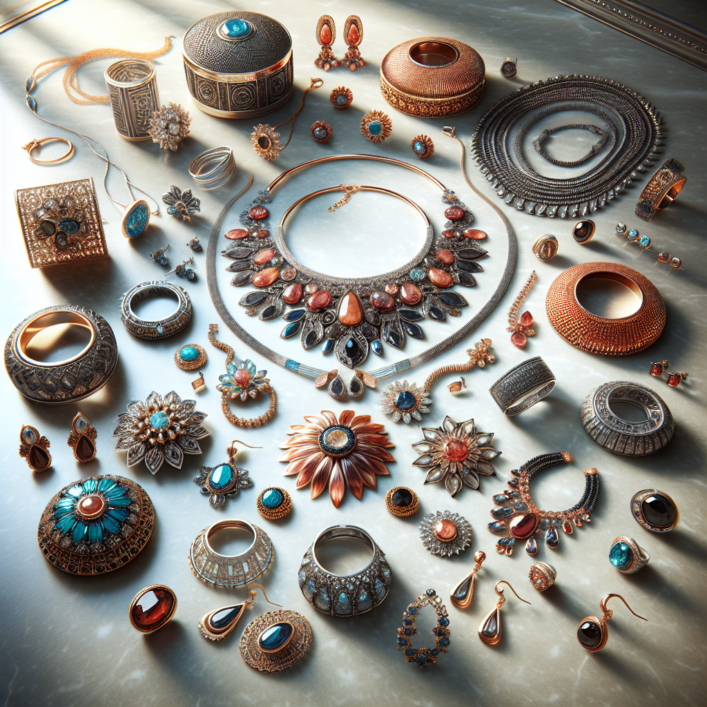 A collection of fashion jewelry on a marble surface, featuring necklaces, bracelets, earrings, and rings made from various materials.