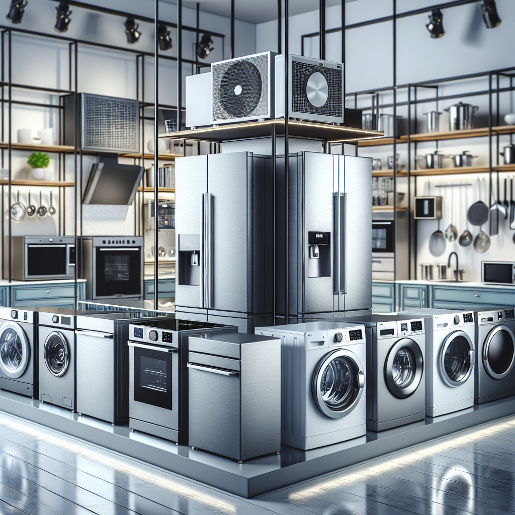 A modern kitchen showroom filled with various home appliances like refrigerators, washing machines, microwaves, and air purifiers.