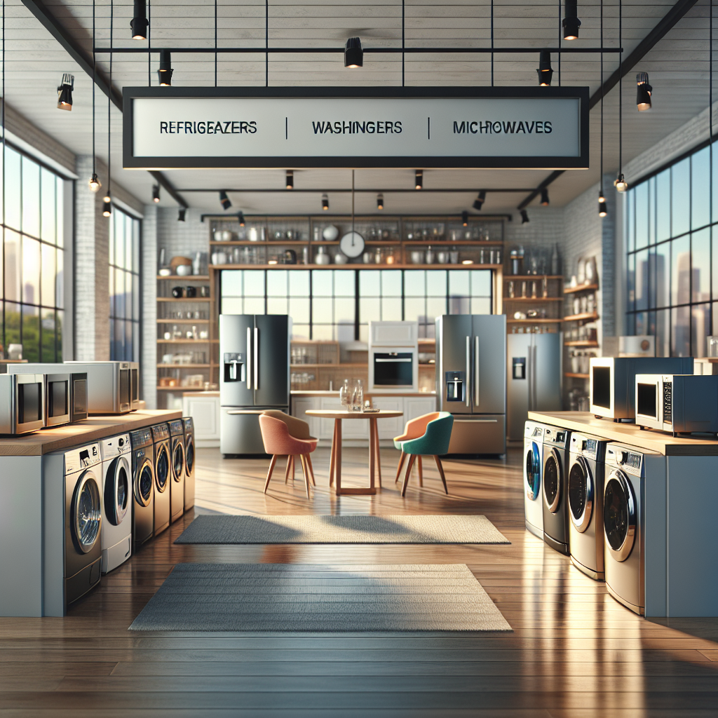 A realistic scene of a modern kitchen showroom with various home appliances displayed.