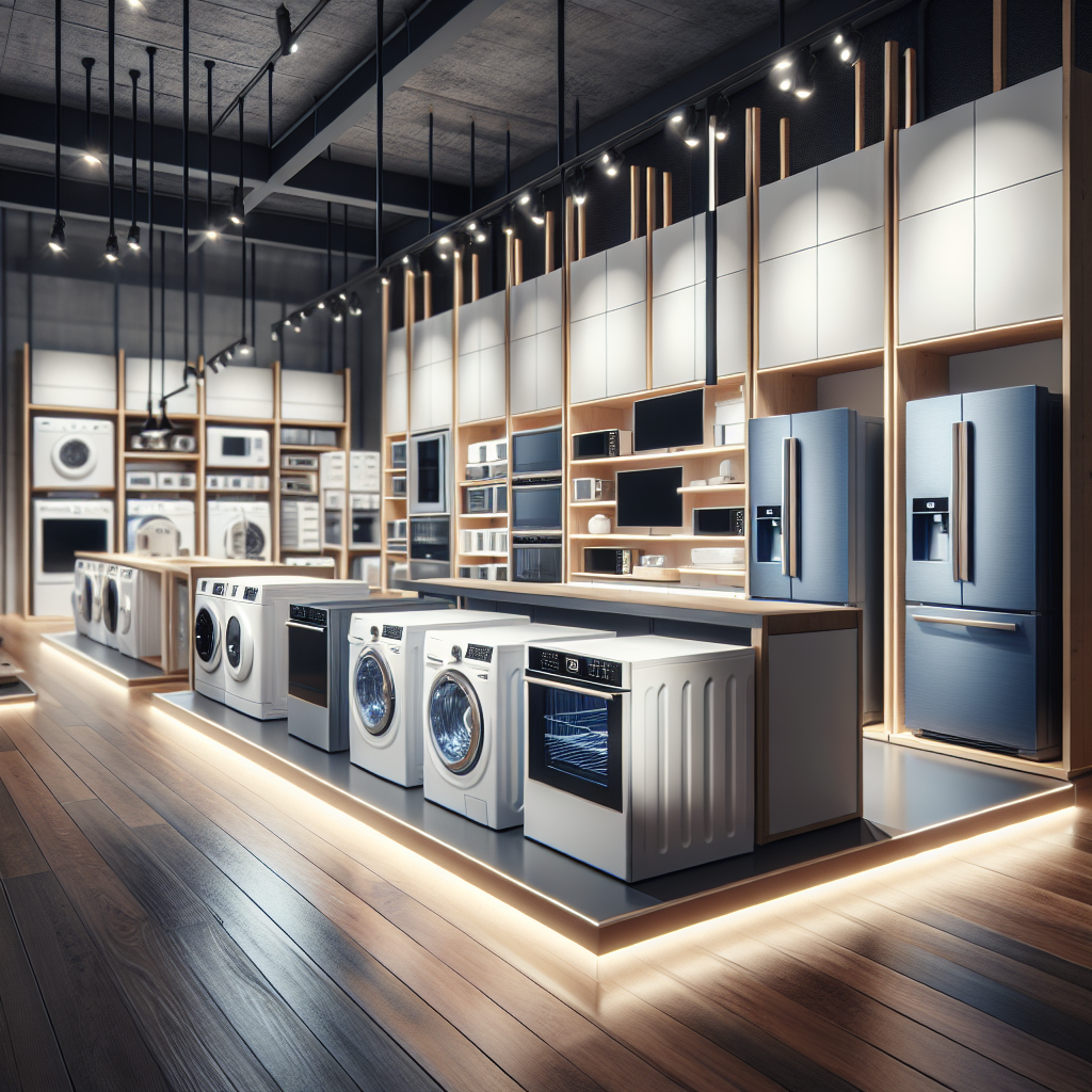 A modern home appliance store interior with neatly displayed appliances.