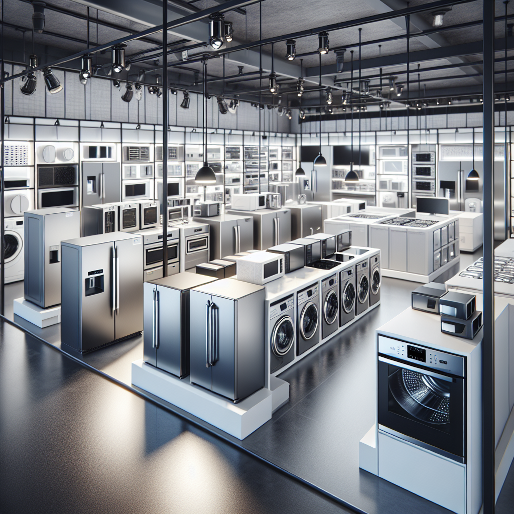 A modern home appliance store interior displaying a wide range of refrigerators, washing machines, microwaves, and more.