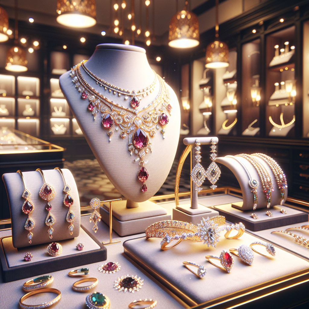 A luxurious display of intricately designed necklaces, earrings, and bracelets in an elegantly lit boutique setting.