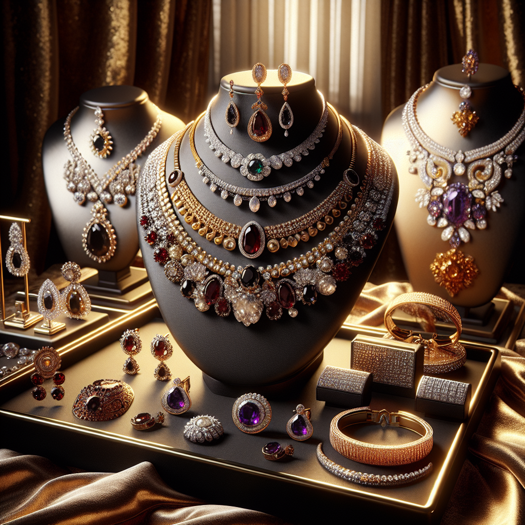 A luxurious jewelry display featuring necklaces, earrings, and bracelets from D and B Jewelry Inc.