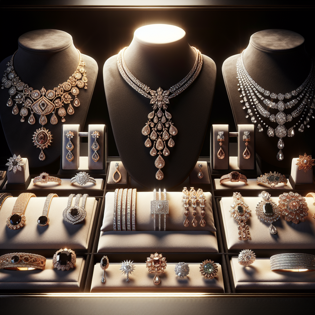 Luxurious jewelry display featuring necklaces, earrings, and bracelets by D and B Jewelry Inc.