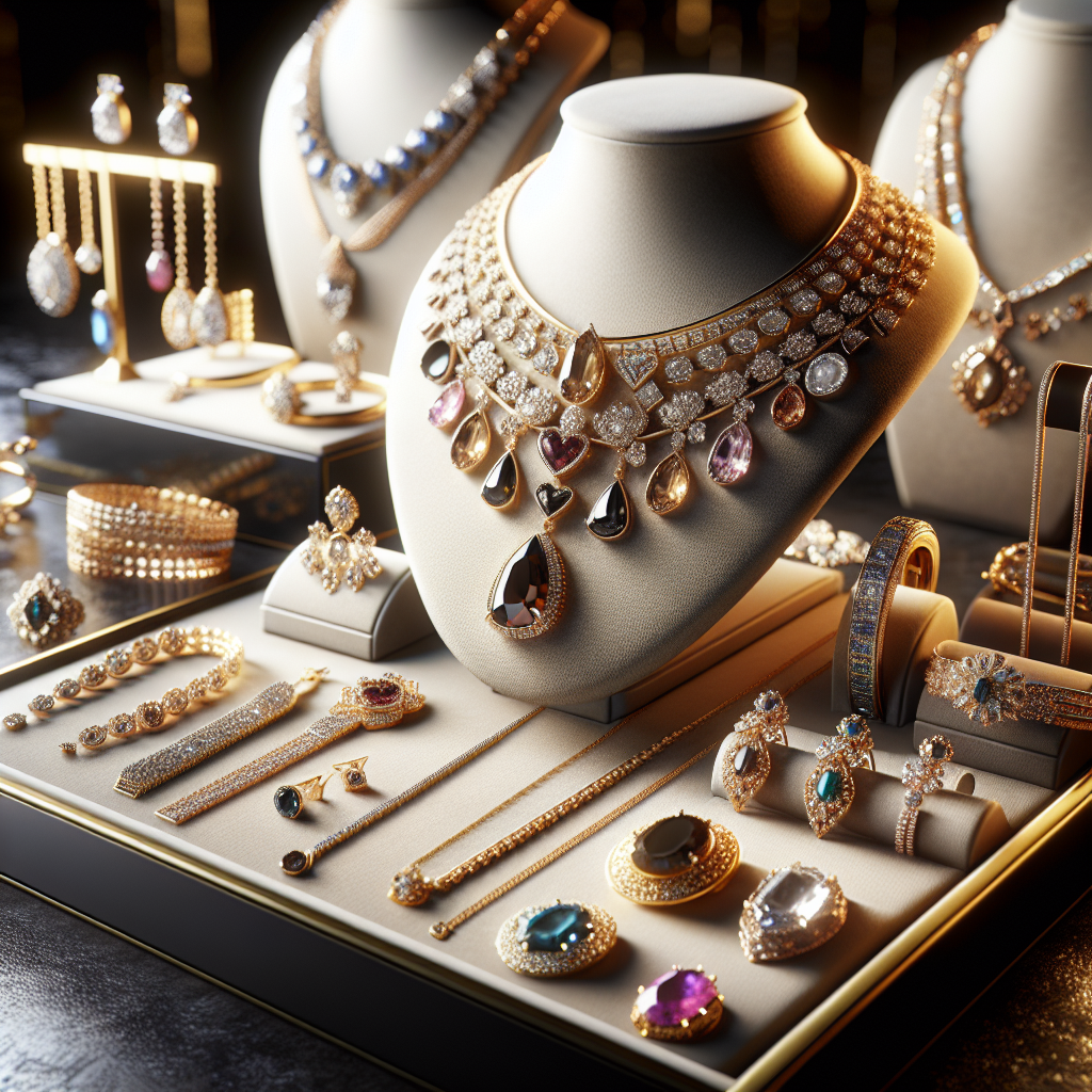 Elegant jewelry display showcasing intricately designed necklaces, earrings, and bracelets from D and B Jewelry Inc.