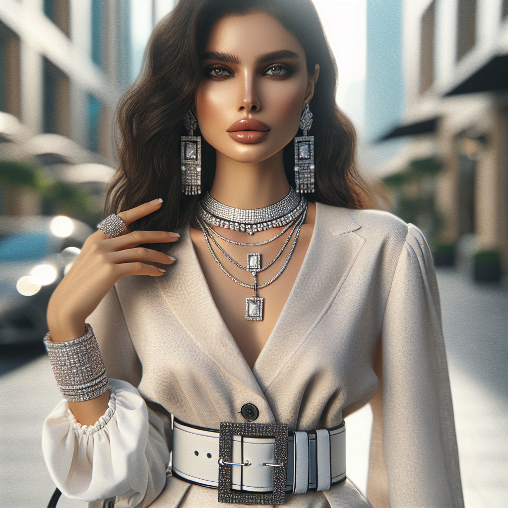 A stylish woman wearing fashionable accessories, including a necklace, belt, and earrings, in an urban setting.